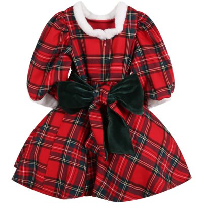 Shop La Stupenderia Red Dress For Baby Girl With Check And Bow In Multicolor