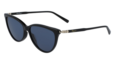Shop Ferragamo Salvatore  Blue Cat Eye Ladies Sunglasses Sf2870s 001 55 In Black / Blue