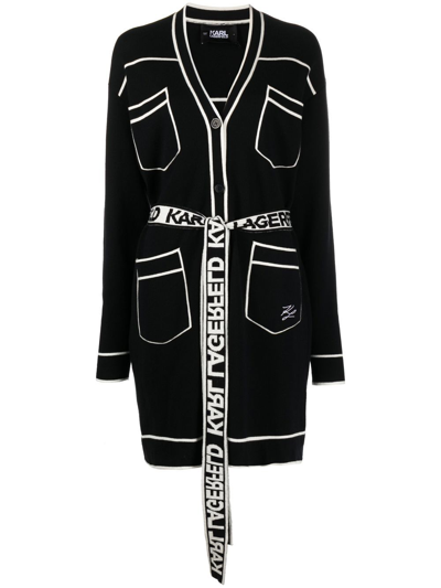 Shop Karl Lagerfeld Belted Contrast-stitch Cardigan In Black