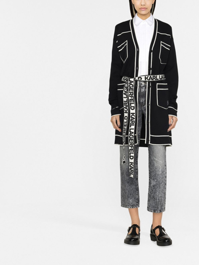 Shop Karl Lagerfeld Belted Contrast-stitch Cardigan In Black