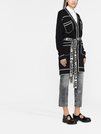 Shop Karl Lagerfeld Belted Contrast-stitch Cardigan In Black