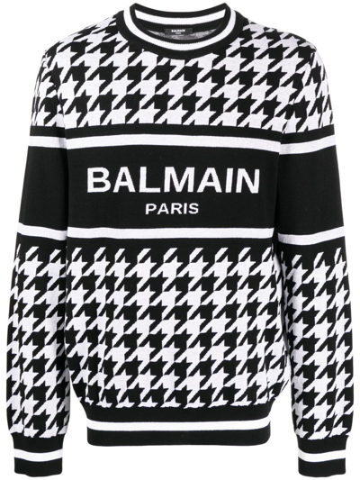 Shop Balmain Houndstooth Logo-knit Jumper In Schwarz