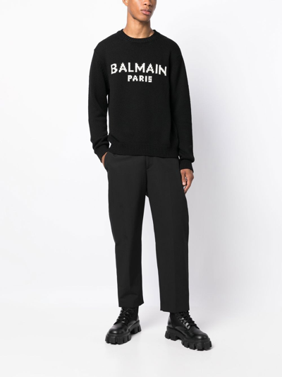 Shop Balmain Logo Intarsia-knit Wool Jumper In Schwarz