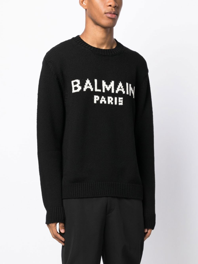 Shop Balmain Logo Intarsia-knit Wool Jumper In Schwarz
