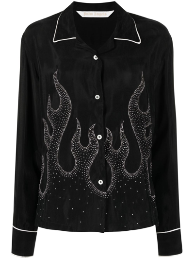 Palm Angels Flame-embroidered Shirt Crystal Embellishments In Black