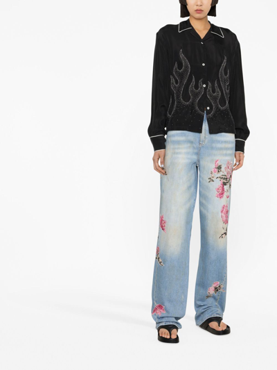 Palm Angels Flame-embroidered Shirt Crystal Embellishments In Black