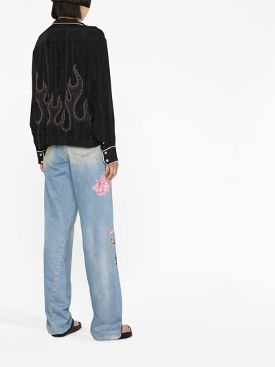 Palm Angels Flame-embroidered Shirt Crystal Embellishments In Black
