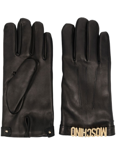 Shop Moschino Logo-letter Leather Gloves In Schwarz