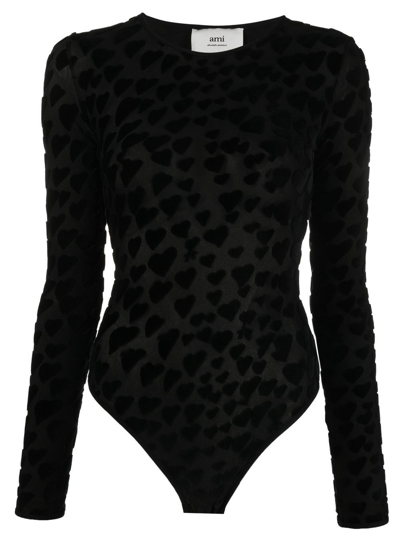 Shop Ami Alexandre Mattiussi Heart-print Mesh Bodysuit In Black