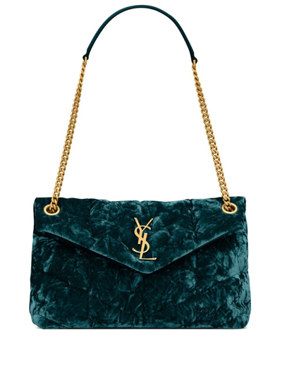 Shop Saint Laurent Small Puffer Velvet Shoulder Bag In Green