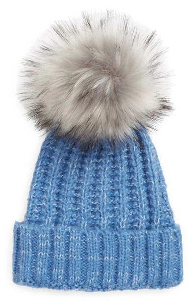 Shop Kyi Kyi Chunky Wool Blend Beanie With Faux Fur Pom In Harbor Blue/ Grey Black Tip