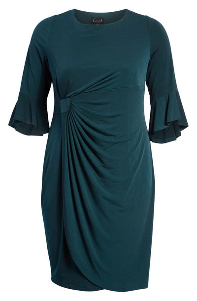 Connected Apparel Gathered Bell Sleeve Faux Wrap Dress In Hunter