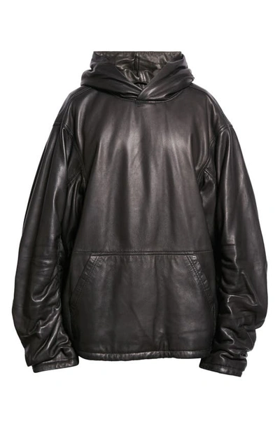 Shop Balenciaga Lambskin Leather Hoodie In Black