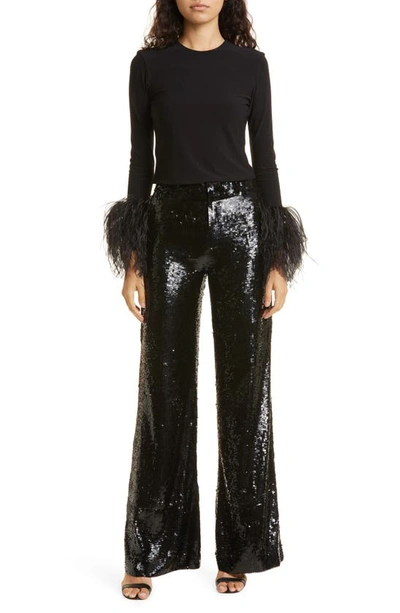Shop Alice And Olivia Dylan Sequin Wide Leg Trousers In Black