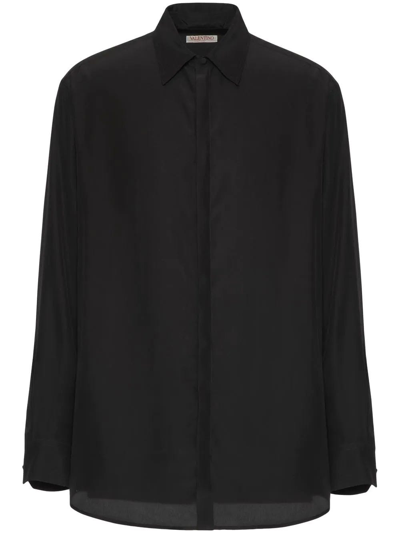 Shop Valentino Long-sleeved Silk Black Shirt In Nero