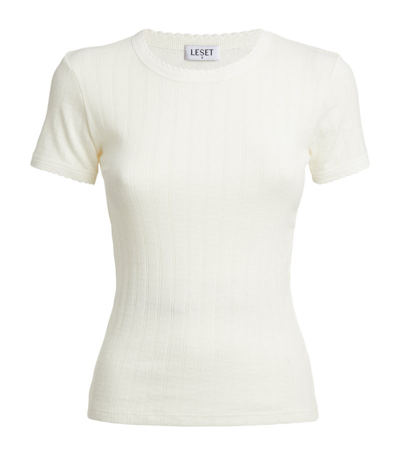 Shop Leset Rib-knit Pointelle T-shirt In White