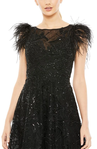 Shop Mac Duggal Feather Shoulder Beaded Tulle A-line Dress In Black