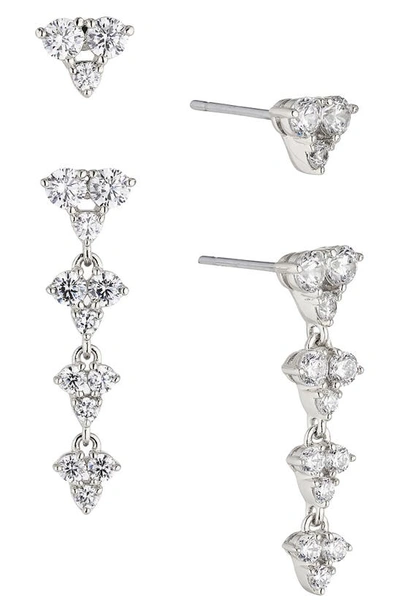 Nadri Pave The Way Stud & Linear Drop Earrings Set In Rhodium