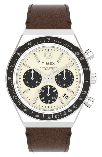 Shop Timex Q  Chronograph Leather Strap Watch, 40mm In Silver/ Cream/ Brown