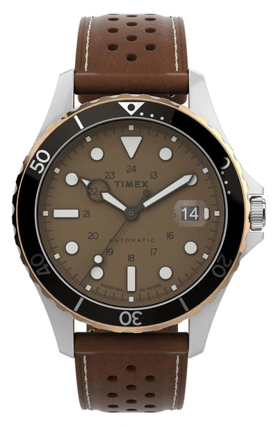 Shop Timex Navi Xl Automatic Leather Strap Watch, 41mm In Two Tone/ Tan/ Brown