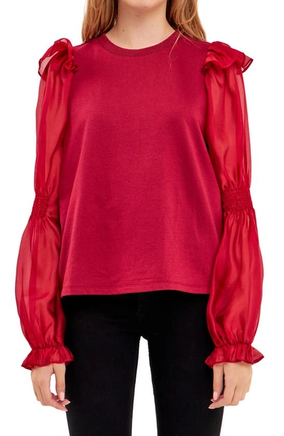 English Factory Puff Sleeve Cotton And Organza Blouse In Wine