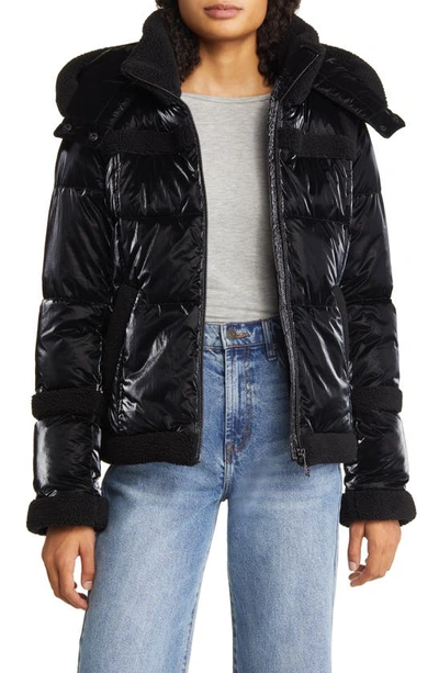 Shop Sam Edelman Metallic Fleece Trim Hooded Puff Coat In Black