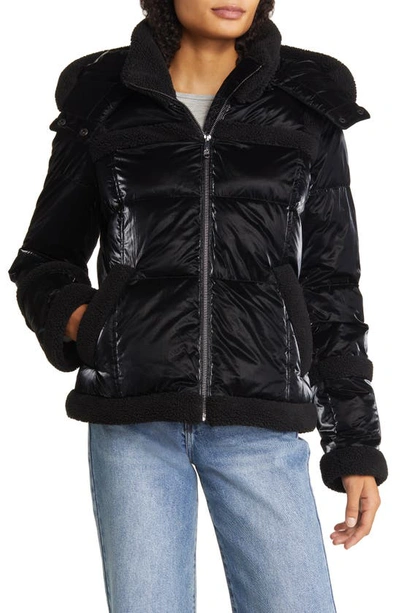 Shop Sam Edelman Metallic Fleece Trim Hooded Puff Coat In Black