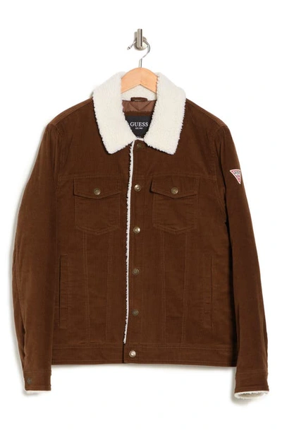 Shop Guess Faux Shearling Lined Corduroy Shirt Jacket In Brown