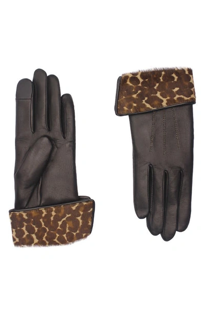 Shop Agnelle Leopard Print Genuine Calf Hair Cuff Leather Gloves In Black Tactile/ Panther