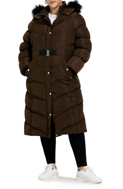 River Island Belted Longline Puffer Coat With Detachable Faux Fur Trim In  Khaki | ModeSens