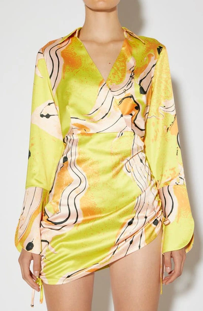 Shop Something New Katie Long Sleeve Ruched Satin Minidress In Sulphur Spring