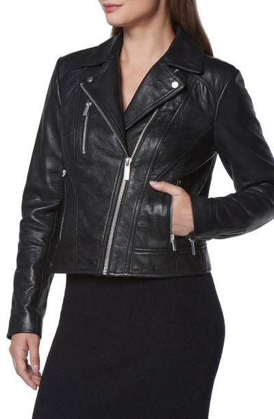 Andrew Marc Carnegie French Bubble Lambskin Moto Jacket In Black