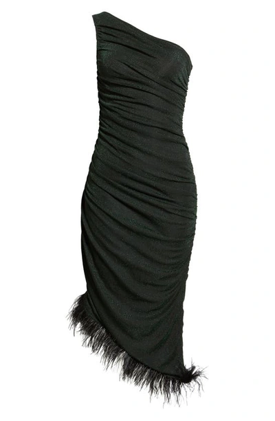 Shop Saylor Hilaria One-shoulder Asymmetric Feather Trim Cocktail Dress In Black/ Emerald