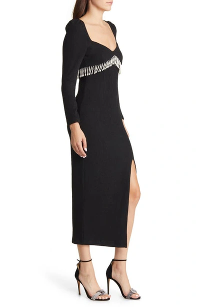 Shop Saylor Alina Ribbed Imitation Pearl Fringe Long Sleeve Midi Dress In Black