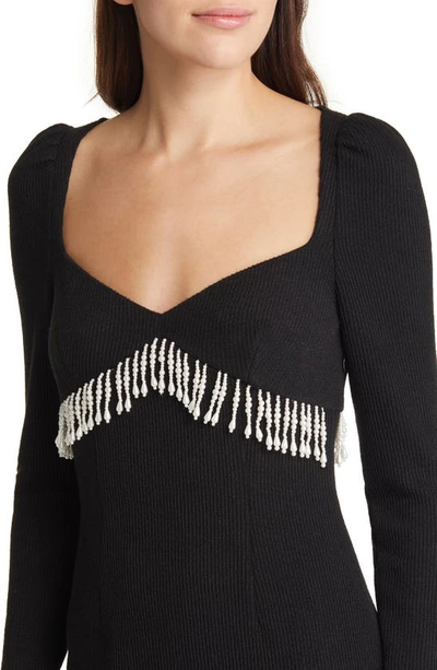 Shop Saylor Alina Ribbed Imitation Pearl Fringe Long Sleeve Midi Dress In Black