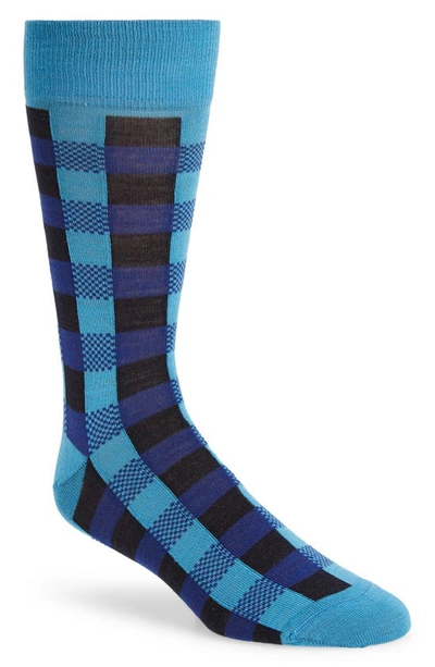 Shop Lorenzo Uomo Buffalo Check Merino Wool Blend Dress Socks In Light Blue