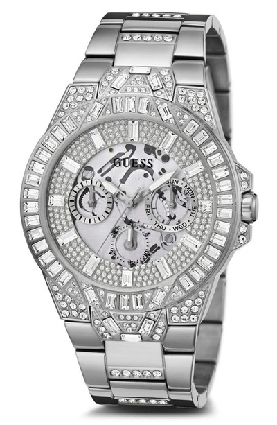 Shop Guess Multifunction Crystal Skeleton Bracelet Watch, 44mm In Silver/silver/silver