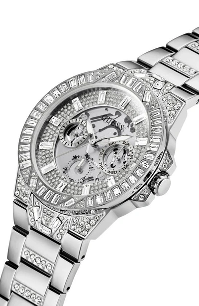 Shop Guess Multifunction Crystal Skeleton Bracelet Watch, 44mm In Silver/silver/silver