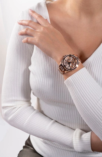 Shop Guess Multifunction Crystal Skeleton Bracelet Watch, 40mm In Rose Gold/rose Gold/rose Gold