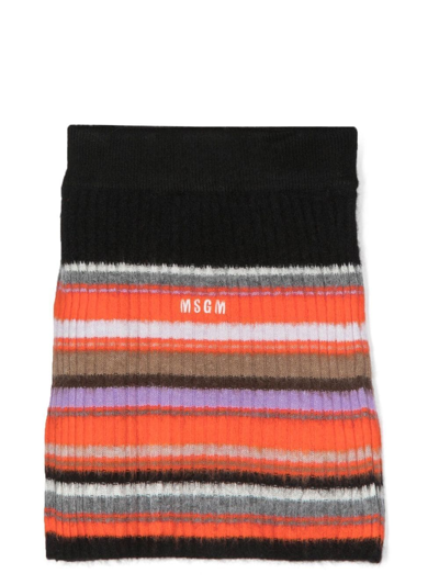 Shop Msgm Embroidered-logo Ribbed-knit Skirt In Orange