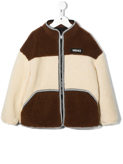 Shop Versace Colour-block Shearling Jacket In Brown