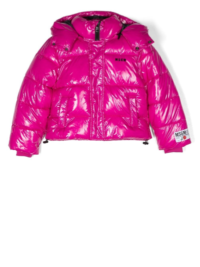 Msgm Kids' Logo Print Patent Nylon Puffer Jacket In Pink | ModeSens