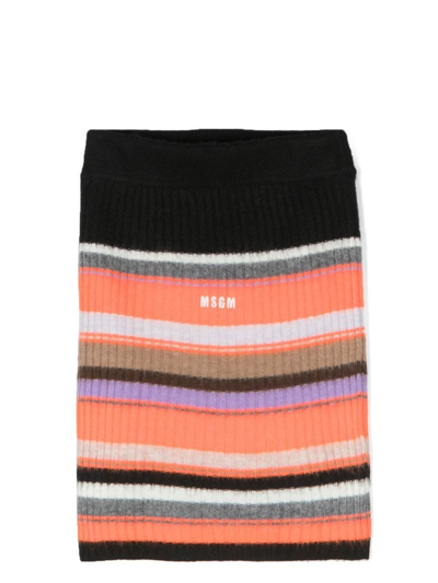 Shop Msgm Ribbed-knit Striped Straight Skirt In Orange