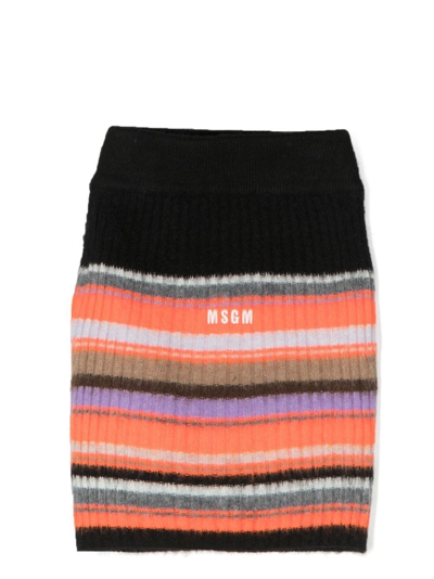 Shop Msgm Ribbed-knit Striped Straight Skirt In Orange