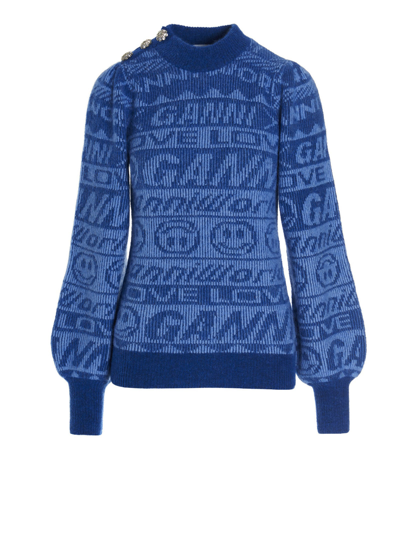 Shop Ganni Button Logo Sweater In Blue