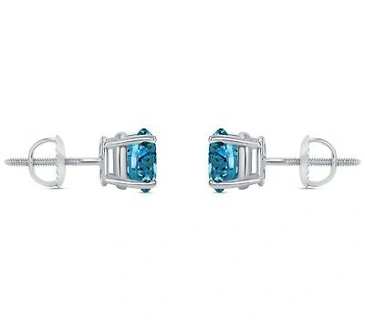 Pre-owned Shine Brite With A Diamond 2.50 Ct Round Cut Blue Earrings Studs Solid 18k White Gold Screw Back Basket