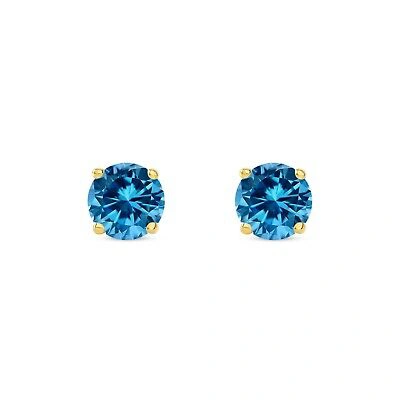 Pre-owned Shine Brite With A Diamond 1.50 Ct Round Cut Blue Earrings Studs Solid 18k Yellow Gold Screw Back Basket