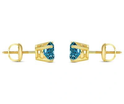 Pre-owned Shine Brite With A Diamond 1.50 Ct Round Cut Blue Earrings Studs Solid 18k Yellow Gold Screw Back Basket