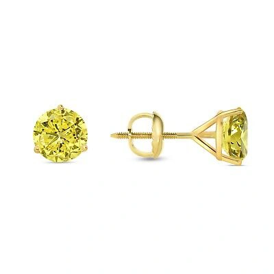 Pre-owned Shine Brite With A Diamond 2.25 Ct Round Cut Canary Earrings Studs Solid 18k Yellow Gold Screw Back Martini