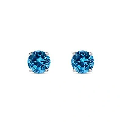 Pre-owned Shine Brite With A Diamond 1.25 Ct Round Blue Earrings Studs Solid Real 18k White Gold Screw Back Basket